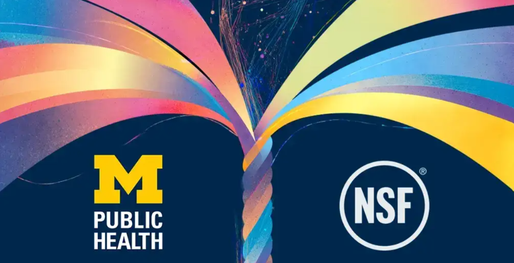  Image of the School of Public Health logo as well as the NSF logo set in a rainbow road with a blue background. 