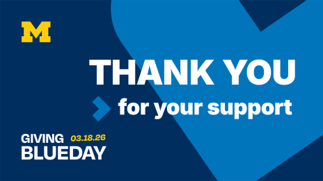 A yellow “M” logo, bold text stating “Thank you for your support,” and “Giving BlueDay March 18, 2026” are displayed on a blue background with a large heart shape.