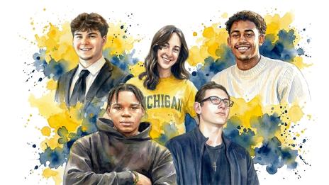 A watercolor-style group portrait collage of five smiling young diverse individuals against a background of abstract blue and yellow paint splatters. The top row features Jason Gruber in a suit and tie, Stacie Young wearing a yellow shirt with MICHIGAN text, and Merwan Nur in a sweater. The front row has Brandon Guevara in a hoodie with crossed arms and Alex Rabban in glasses looking upward.