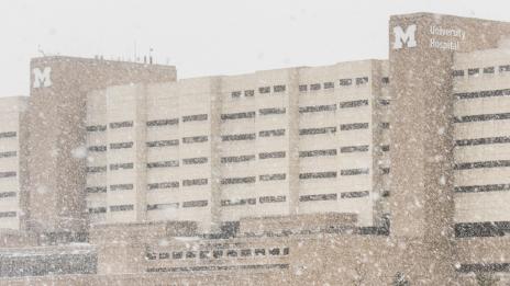 The University of Michigan Hospital on a snowy day.