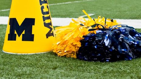 A megaphone and poms on the turf field.