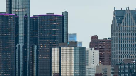 Aerial view of buildings in Detroit.