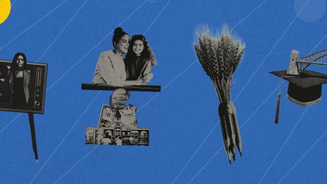 Abstract collage including pencils, photographs, and a graduation cap.
