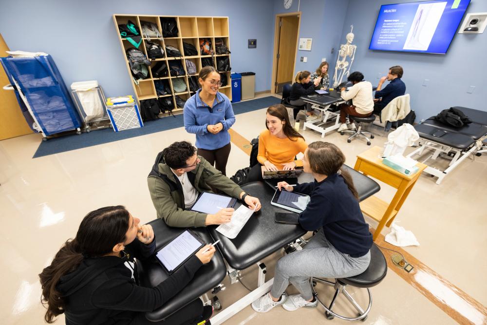 Physical Therapy students attend class in a lab setting. 