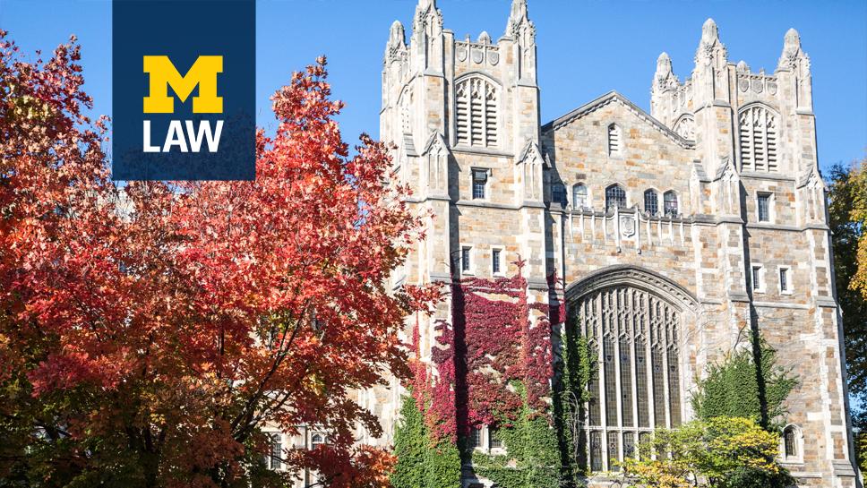 Reading Room facade with colorful fall foliage at the University of Michigan Law School