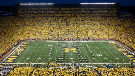 Michigan Marching Band in Block M formation on the field in the Big House