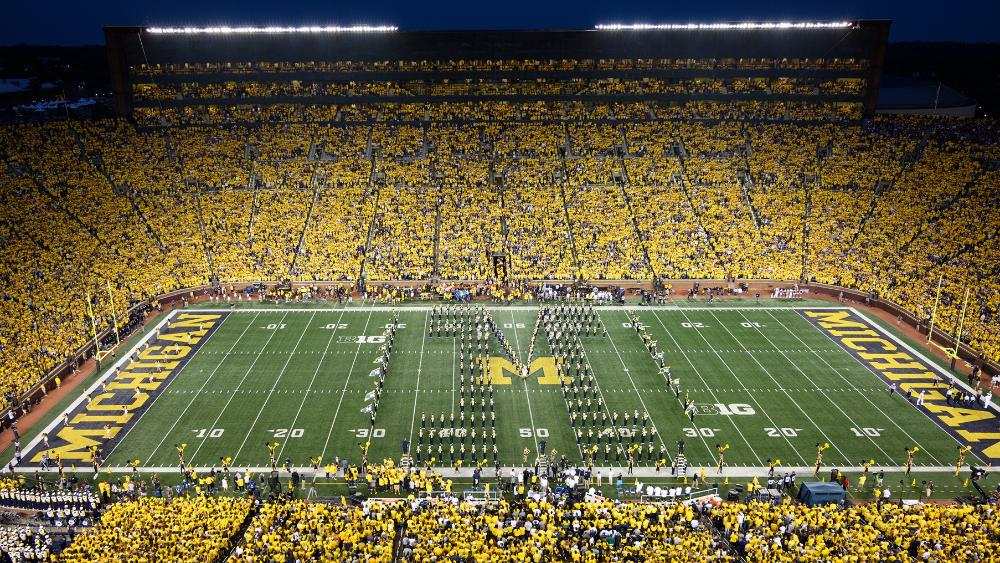 Michigan Marching Band in Block M formation on the field in the Big House