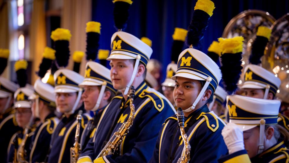 Row of saxophone players in MMB uniforms