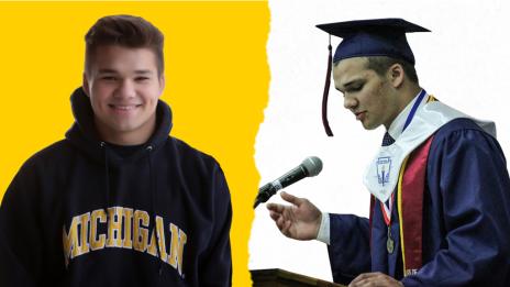 A collage of two images: Neal Hautz wearing a Michigan sweatshirt and Neal during his graduation speech.