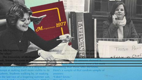 A collage of images of women writing for the Michiganensian, as well as images of text.