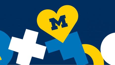 Graphic depicting different shapes in maize and blue with a block M in a heart.