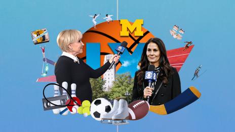 A collage featuring TV sports broadcasters Andrea Joyce and Tracy Wolfson, sports equipment, a Roman numeral “IX,” and U-M’s Burton Tower.