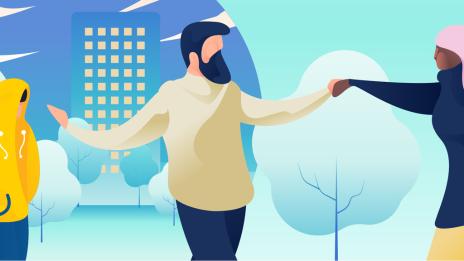 Illustration of people bundled up in winter weather.