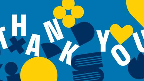 The words thank you surrounded by abstract maize and blue shapes.