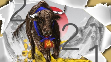 Katherine Lee's Winning Image depicting a robust ox galloping towards the numbers 2021, turning its path into gold.