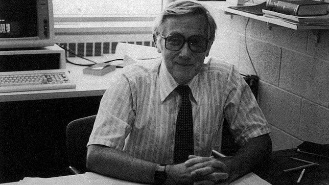 Walton Hancock, Professor, shown in his office in the IOE Building in 1985.