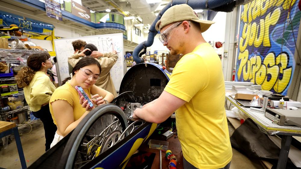 members of the University of Michigan Supermileage Team working in the Wilson Student Team Project Center