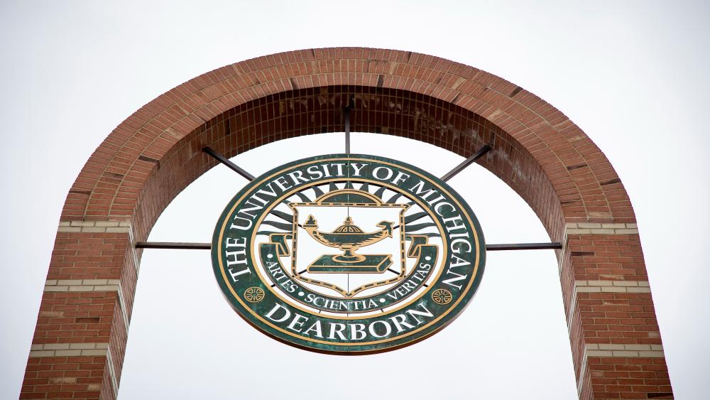 UM-Dearborn seal on exterior of building