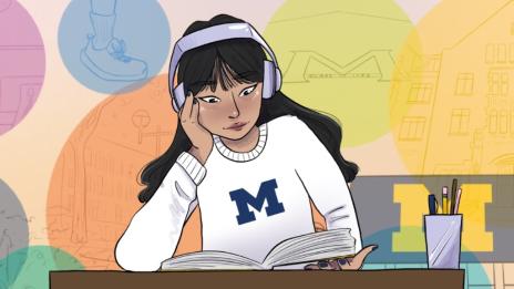 A female student wearing headphones reads a book. The background shows scenes from campus.