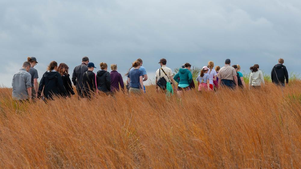 Earth students walking through a field