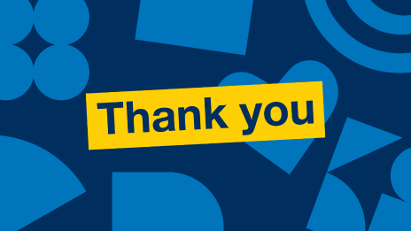 The words 'Thank You' in a maize rectangle over abstract shapes. 