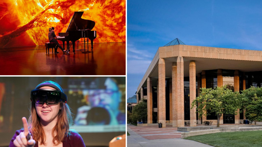  Duderstadt Building exterior on North Campus, Student playing piano, and student using VR glasses