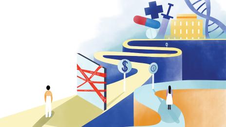 A graphic figure standing on a path that has a wall wrapped with red tape that reads health literacy, access, transportation, cost, language barriers, and insurance. There are also signs on the path; one has a dollar sign on it, the other has a clock. In the distance, there are graphics of health symbols, such as a pill, a syringe, and a cross. 