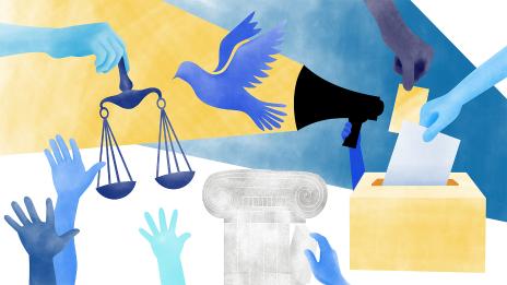 An illustration showing hands, the scales of justice, a megaphone, pillar, and ballot box.