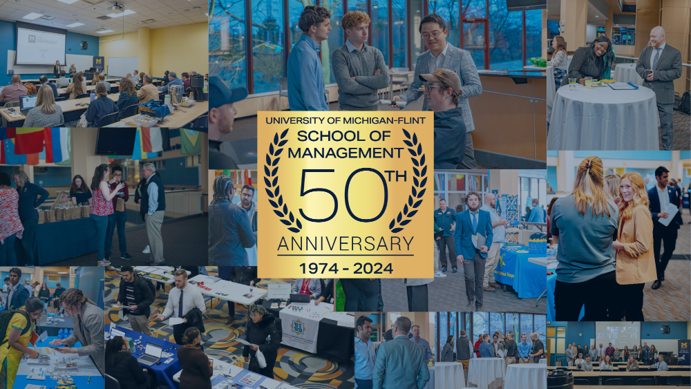 Collage of photos from UM-Flint School of Management with 50th Anniversary logo in the middle